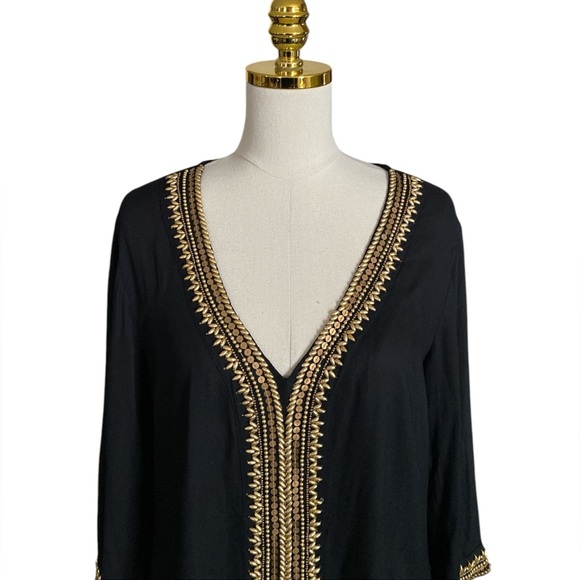 MIRA Black V-neck 3/4 Sleeve Gold Beads Embroidered Boho Flowy Tunic Womens Sz L - Picture 7 of 11